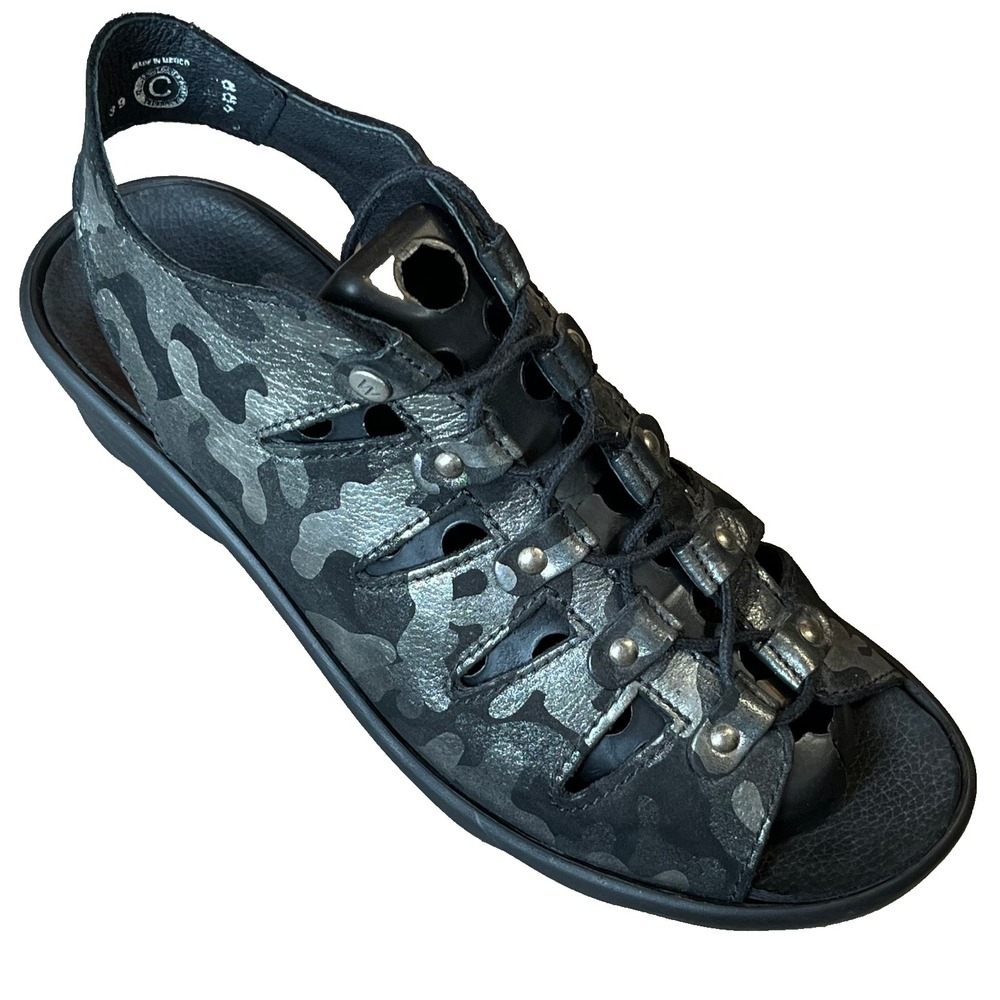 Wolky Womens 3126 1904 Metallic Camo Leather Platform Gladiator Sandals Black 39